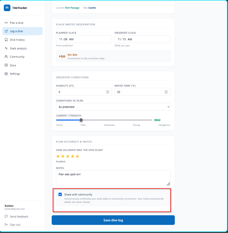 Log a dive: bottom of the form, with the Share with community checkbox highlighted