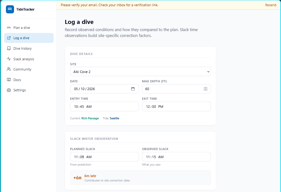 Log a dive: top of the form with Dive details and Slack water observation sections