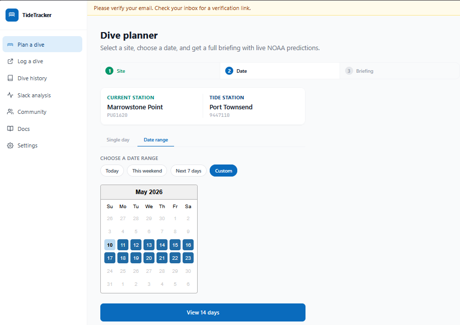 Plan a dive Step 2: date-range mode showing preset chips (Today / This weekend / Next 7 days / Custom); the calendar grid only appears under Custom