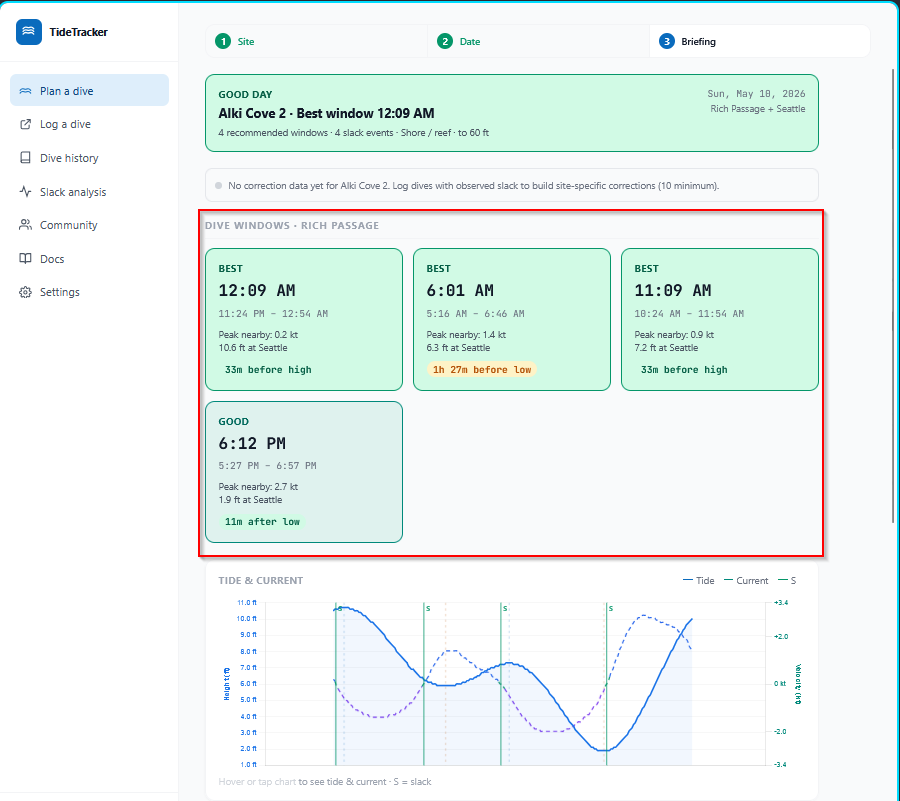 Plan a dive Step 3: slack window cards with corrected times, harmonic strikethrough, and window quality badges
