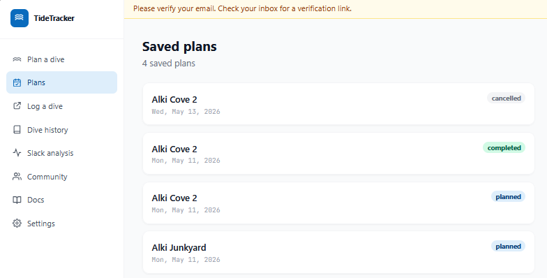 Plans sidebar page listing saved dives sorted by date, each row showing site, date, status badge, and notes preview