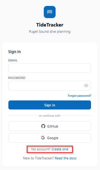 TideTracker sign-up page, with the link to create a new account from the sign-in form